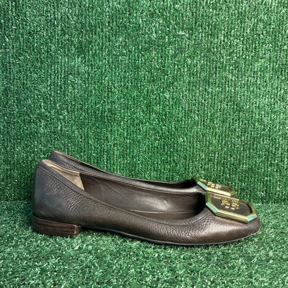 Tory Burch Georgia Hexagon Logo Leather Ballet Flat Dress Shoes Brown Womens 7M